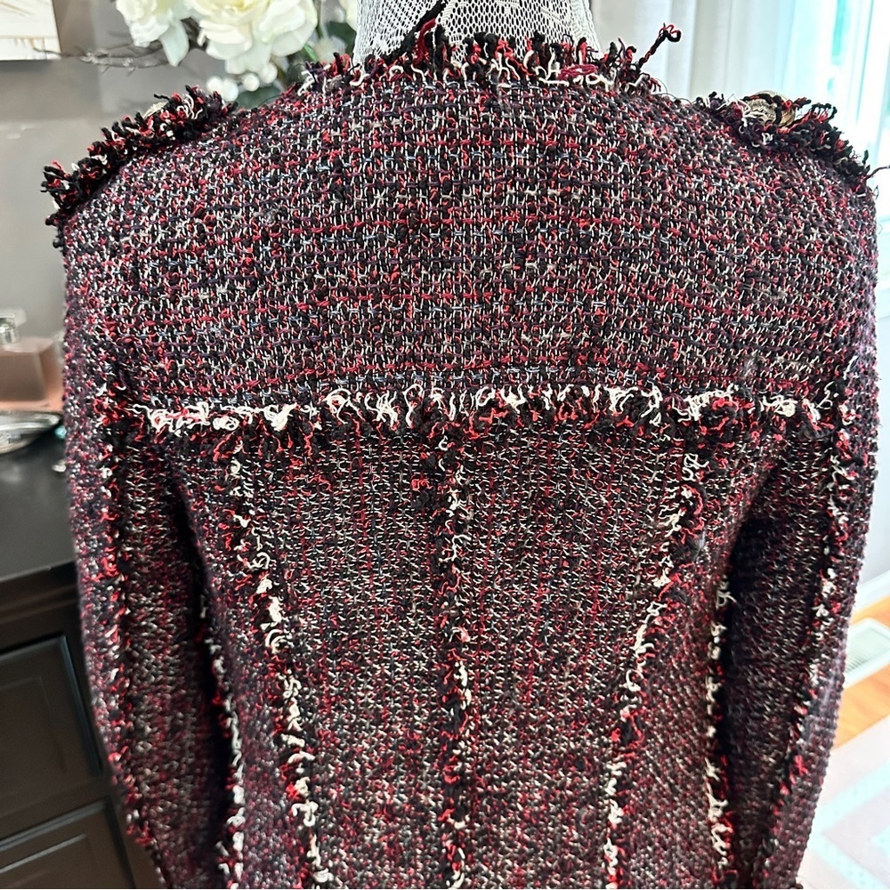 Zara Basic Tweed Longline Coat Jacket XS Black Red Fringe Bouclé - Picture 8 of 16